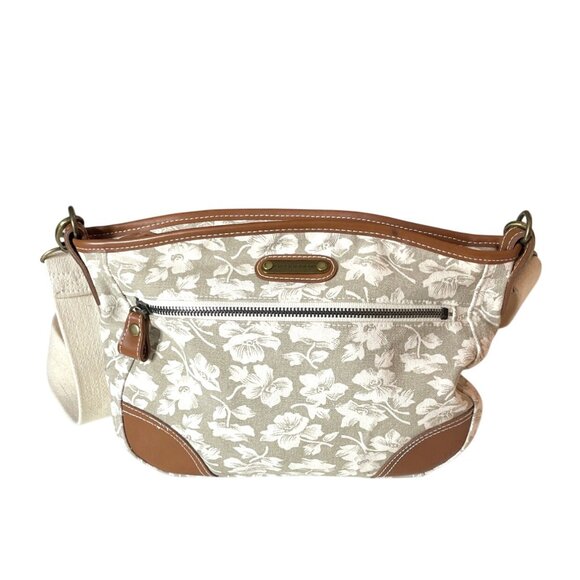 Liz Claiborne Floral Canvas Shoulder Bag Adjustable Strap White Beige Brown - Picture 11 of 12